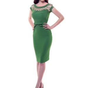 New Tatyana Alika Pencil Bow Lattice Draped Pinup Girl Retro Green